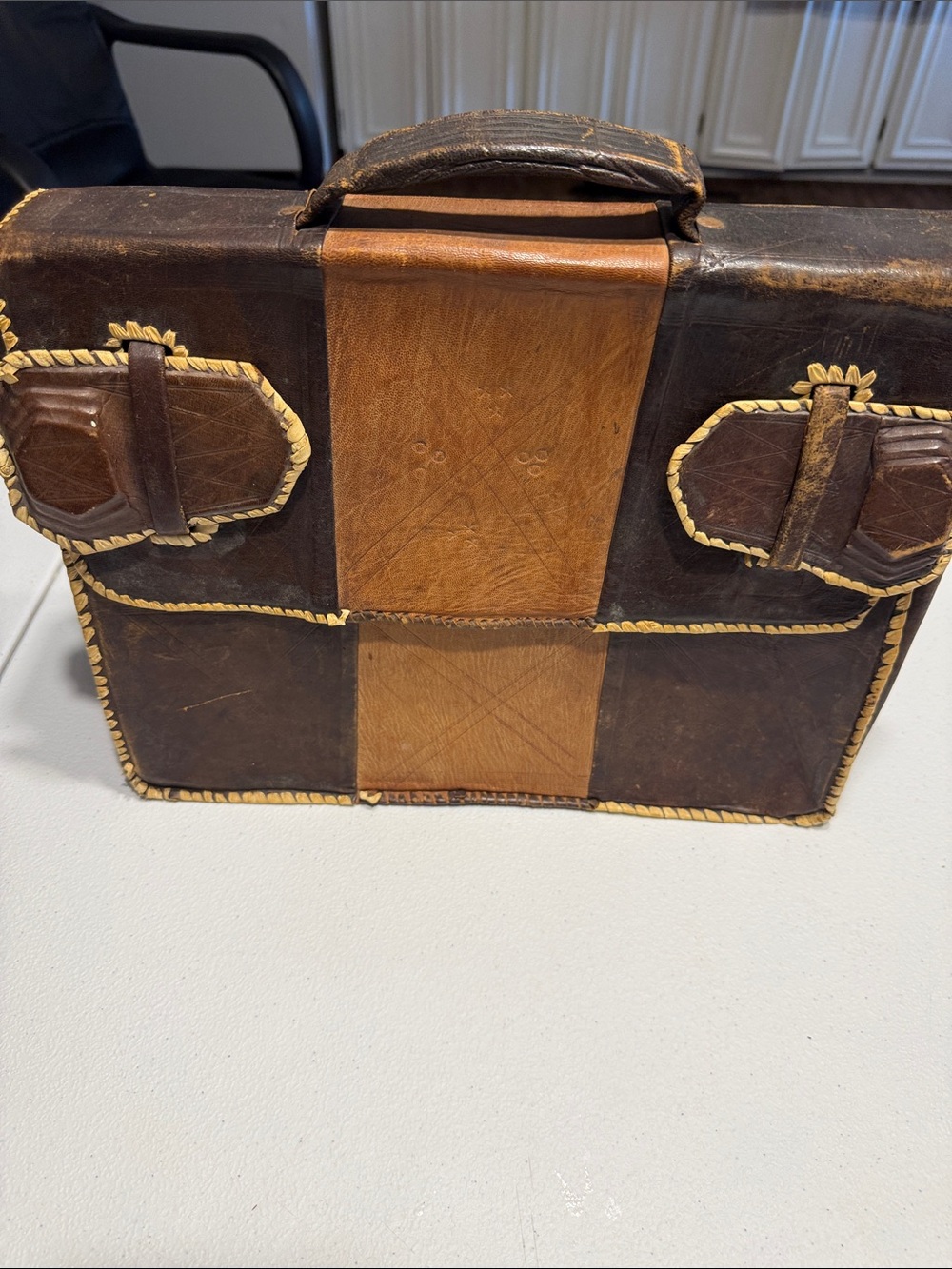 Vintage Two-Tone Brown Leather Briefcase with Tan Center Panel